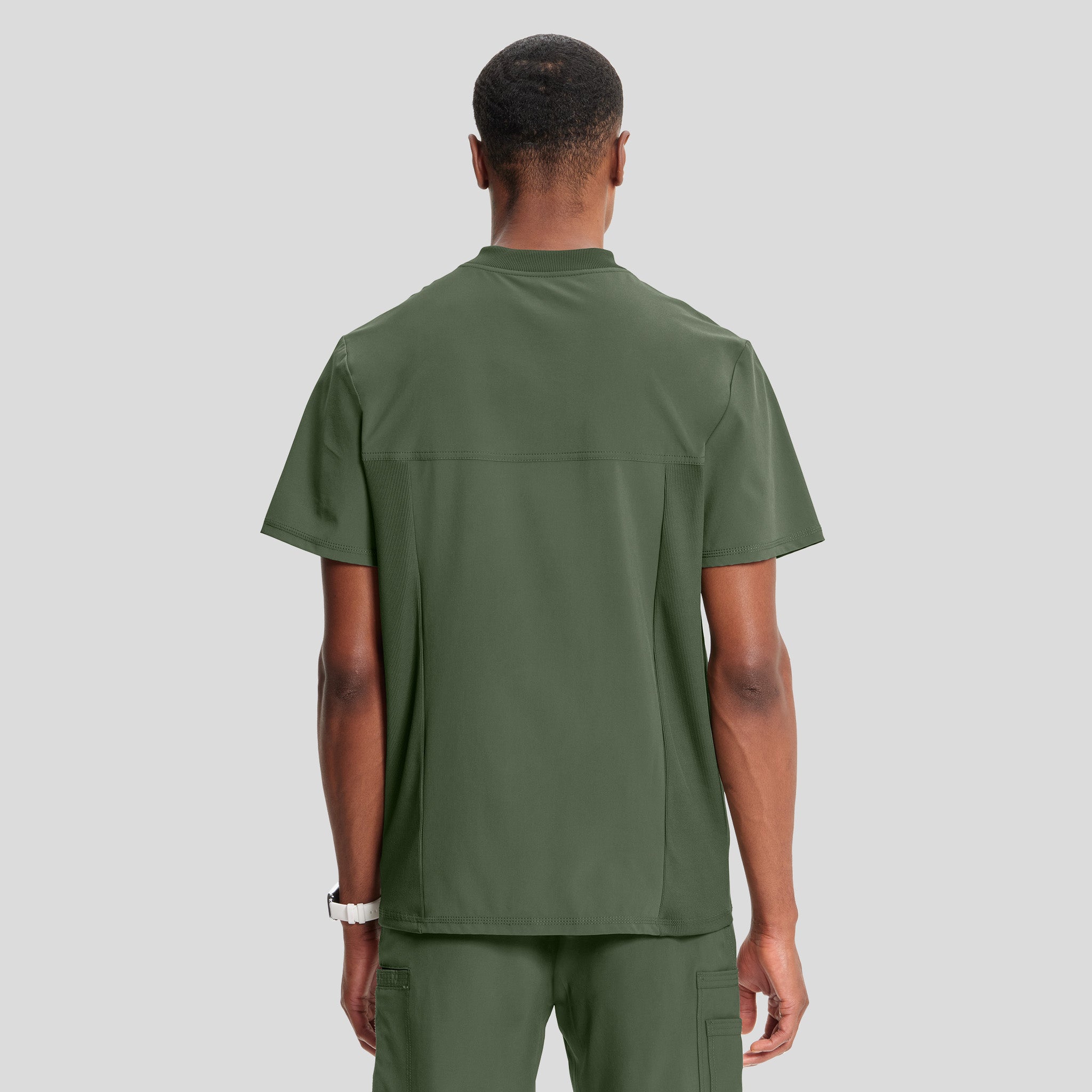 Men's V-Neck Knit Panel Solid Scrub Top | Olive