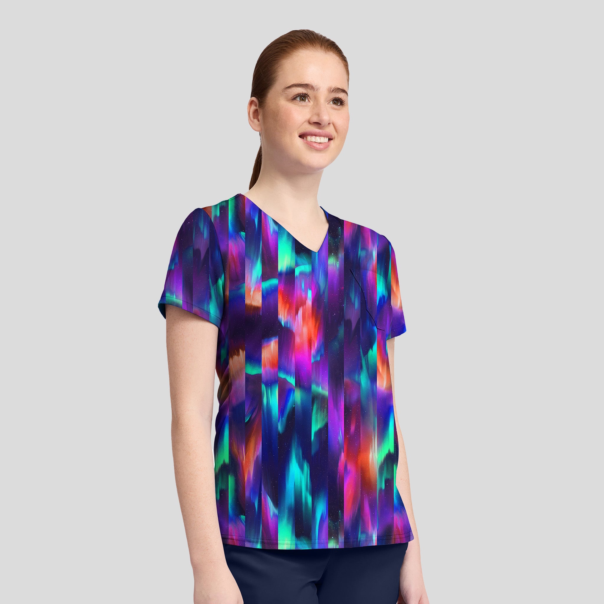 1-Pocket STRETCH V-Neck Print Scrub Top | Aurora Stripe